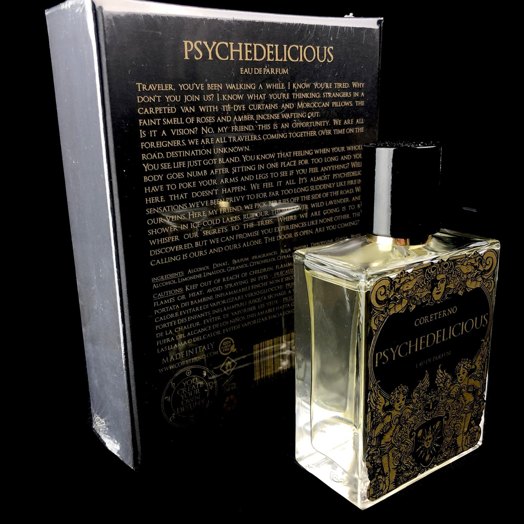 Psychedelicious parfum bottle shown in front of its packaging