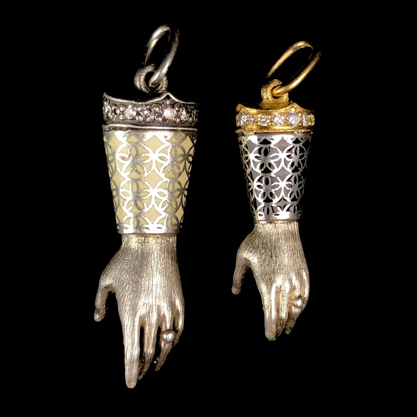 Black Enamel Hand Charm shown beside White Enamel Hand Charm