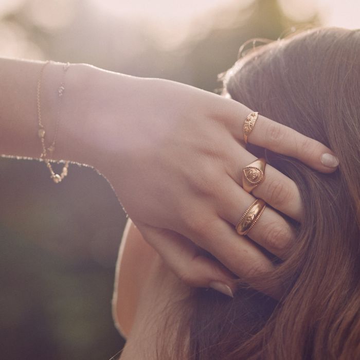 Gold Senses Rings on Model Hand