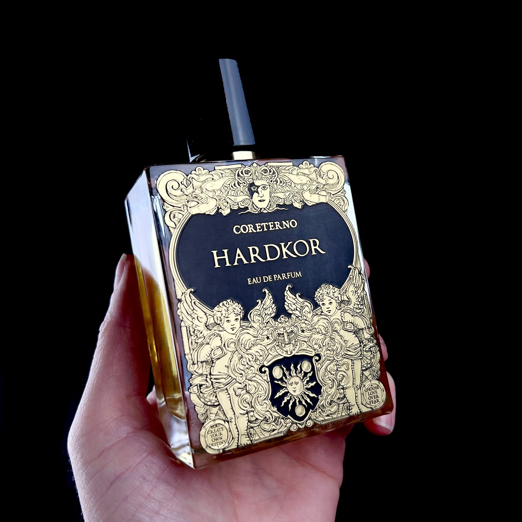 Hardkor Parfume bottle facing foreward held in hand