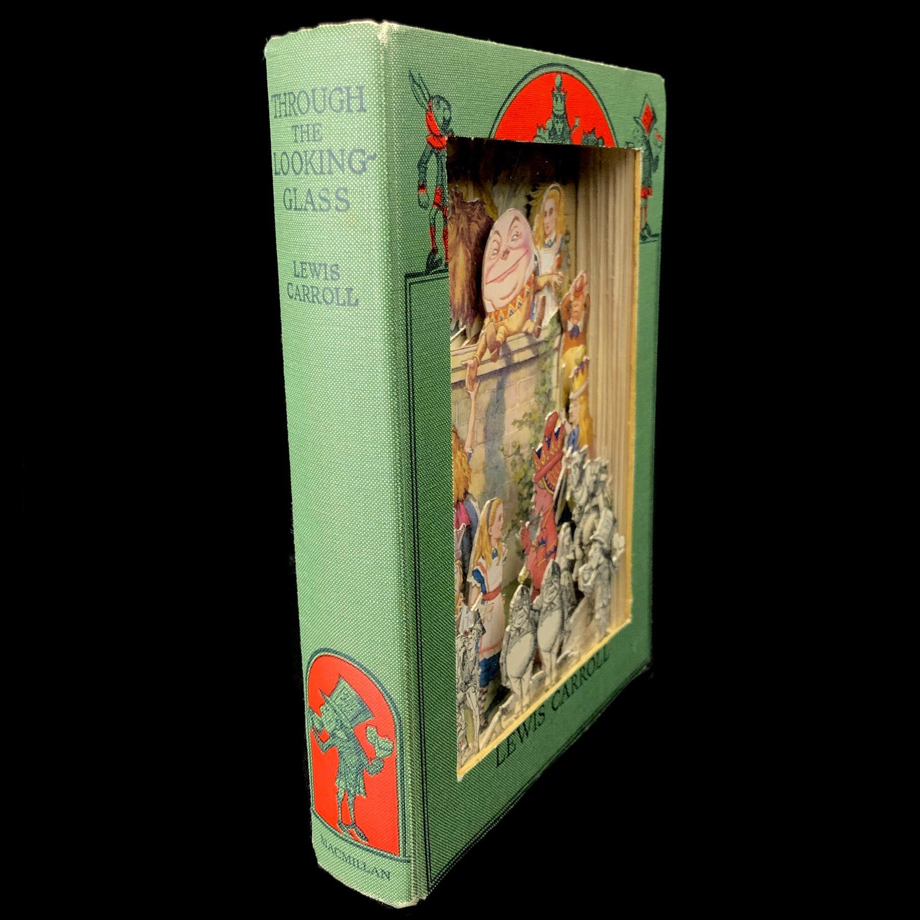 Side front view of Alice Through the Looking Glass Cut Book sculpture