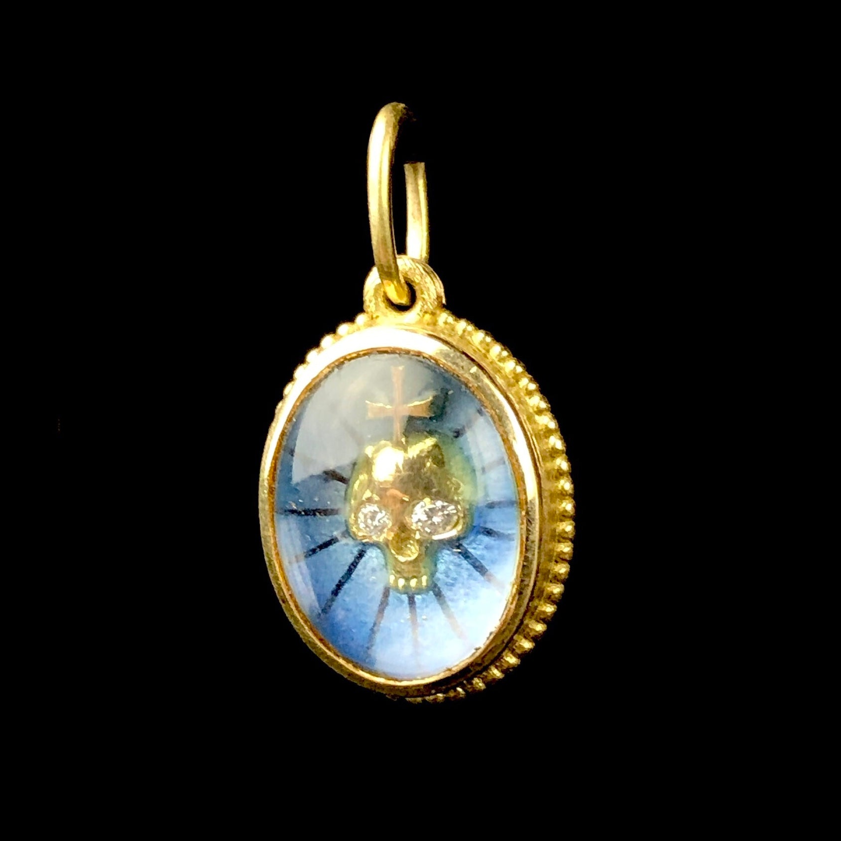 Side front view of Blue Enamel Charm
