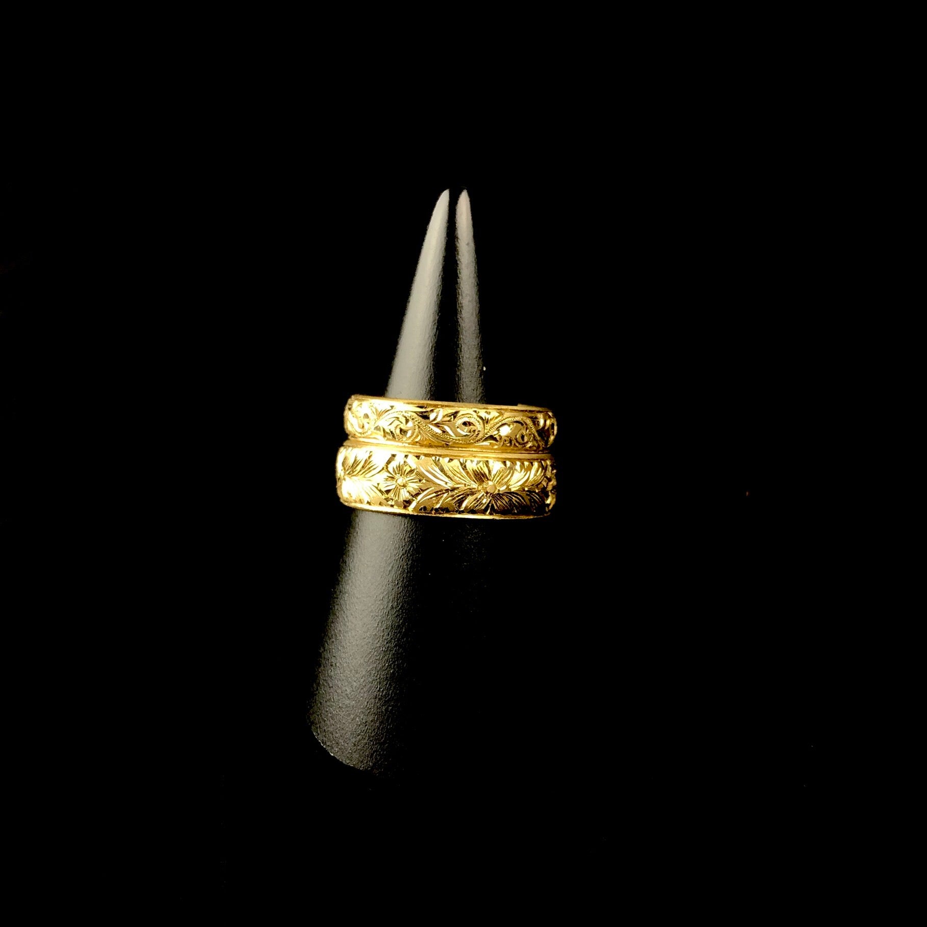 Wide Engraved Gold Band shown below thin Engraved Band