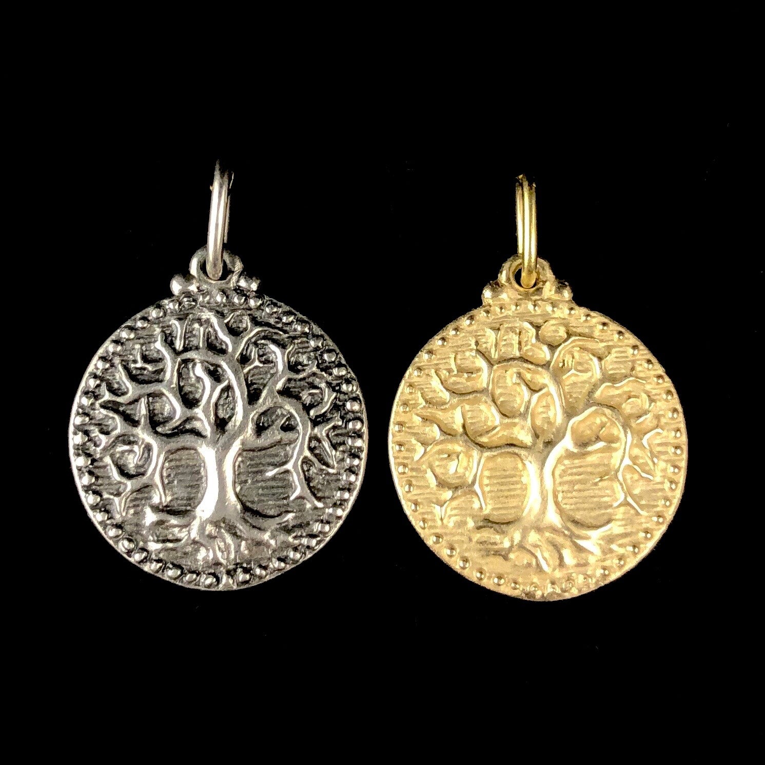 Silver and Gold Tree of Life Charm shown side by side
