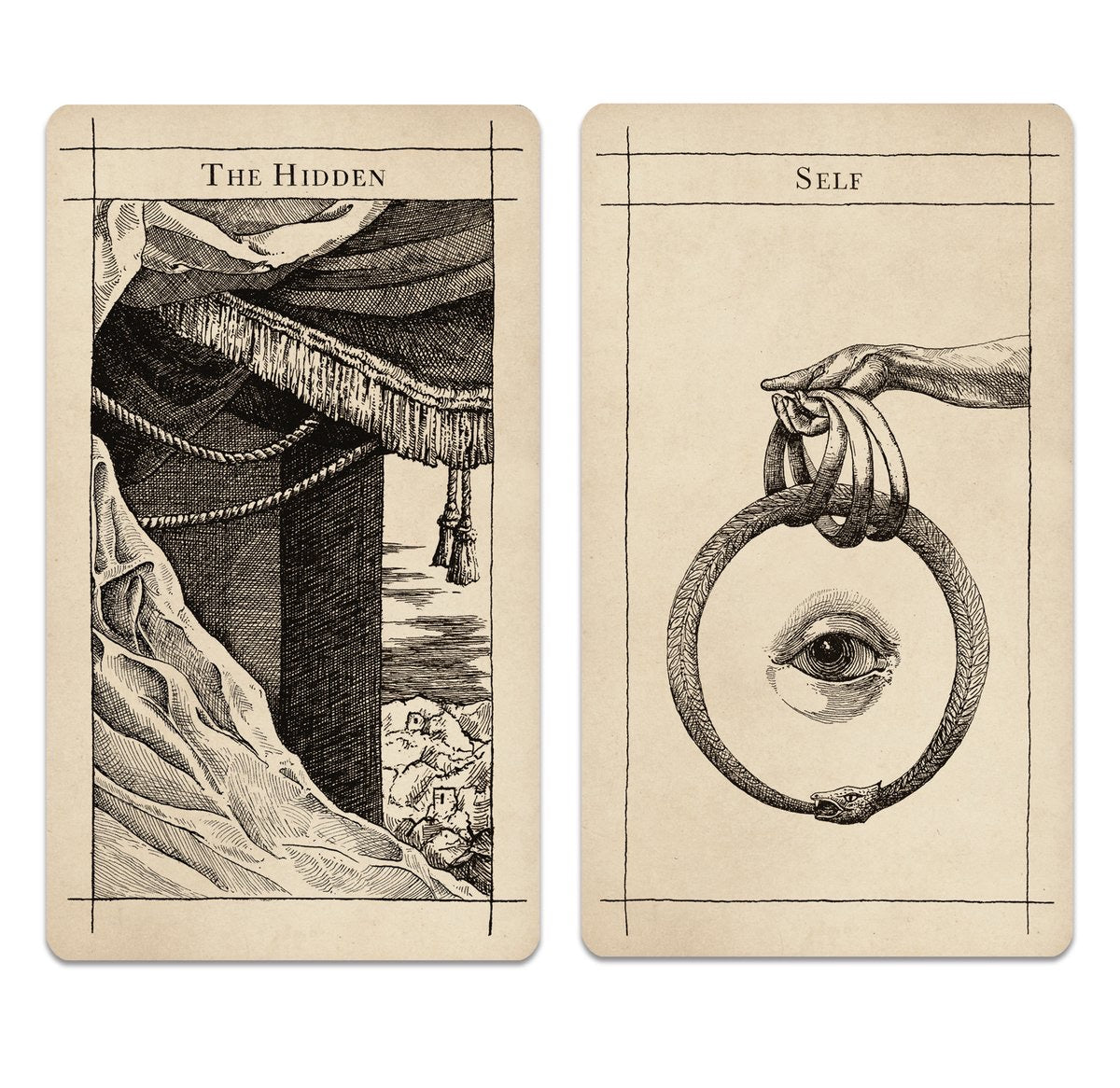 The Hidden and Self Cards with fine black illustrations